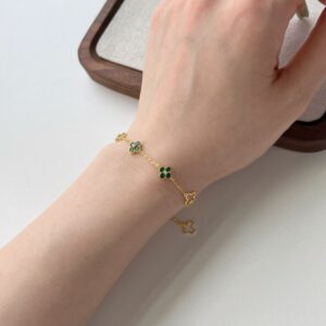 Gold Plated Silver Clover Bracelet with Green Stones