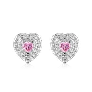Pink Heart Stud Earrings in Sterling Silver with Halo