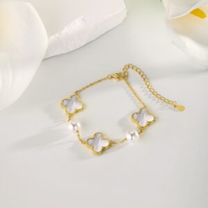 Gold Plated Silver Clover and Pearl Bracelet