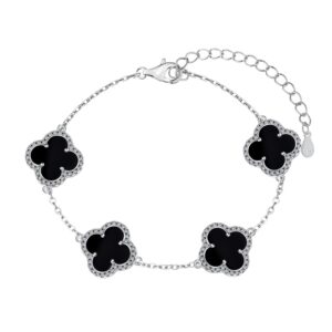 Silver Clover Bracelet with Black Enamel Charms