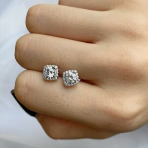 Sterling Silver Cushion Halo Stud Earrings with Round-Cut CZ