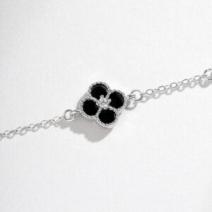 Elegant Silver Clover Charm Bracelet with Black Enamel & CZ Accent
