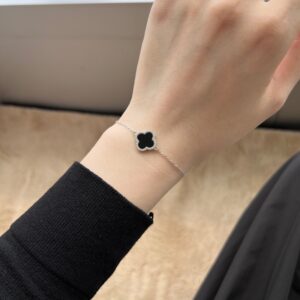 Silver Clover Bracelet with Black Enamel