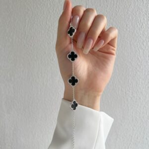 Silver Clover Bracelet with Black Enamel Charms
