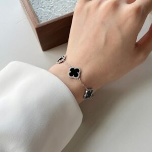 Silver Clover Bracelet with Black Enamel Charms