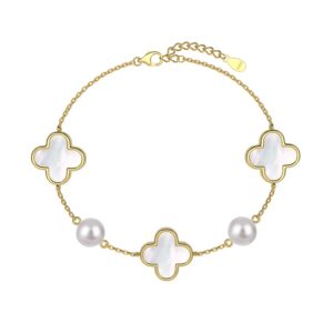 Gold Plated Silver Clover and Pearl Bracelet