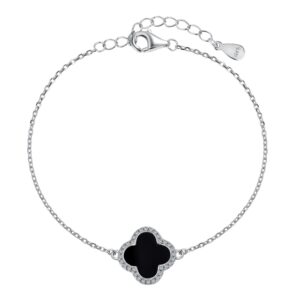Silver Clover Bracelet with Black Enamel