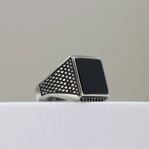 Men’s Silver Black Onyx Ring with Textured Detailing