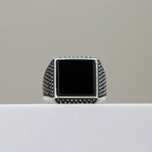 Men’s Silver Black Onyx Ring with Textured Detailing