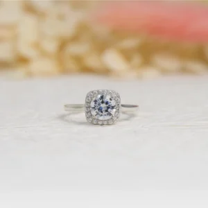 Silver Round Cut Halo Ring with Cushion Frame