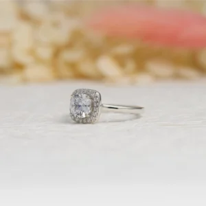 Silver Round Cut Halo Ring with Cushion Frame