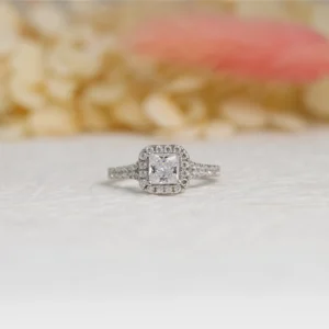 Silver Cushion Cut Halo Ring with Pavé Band