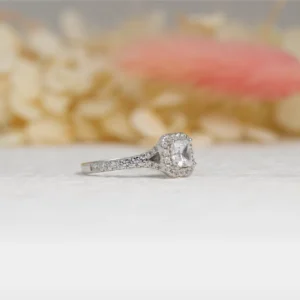 Silver Cushion Cut Halo Ring with Pavé Band