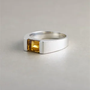 Silver Men Ring With Natural Citrine Emerald-Cut Stone
